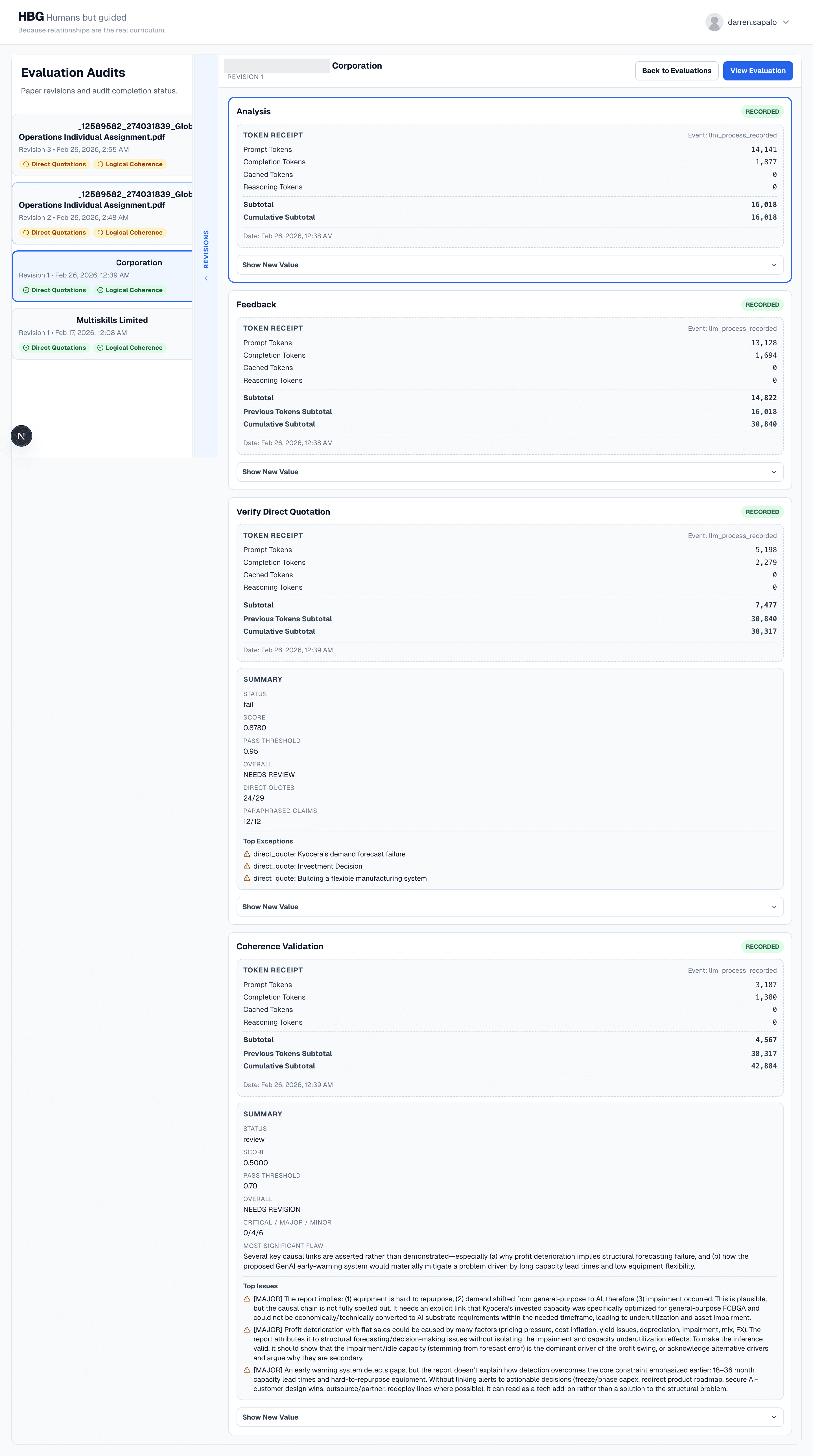 Evaluation audits page showing a revision timeline with recorded AI and human feedback events for defensible grading.
