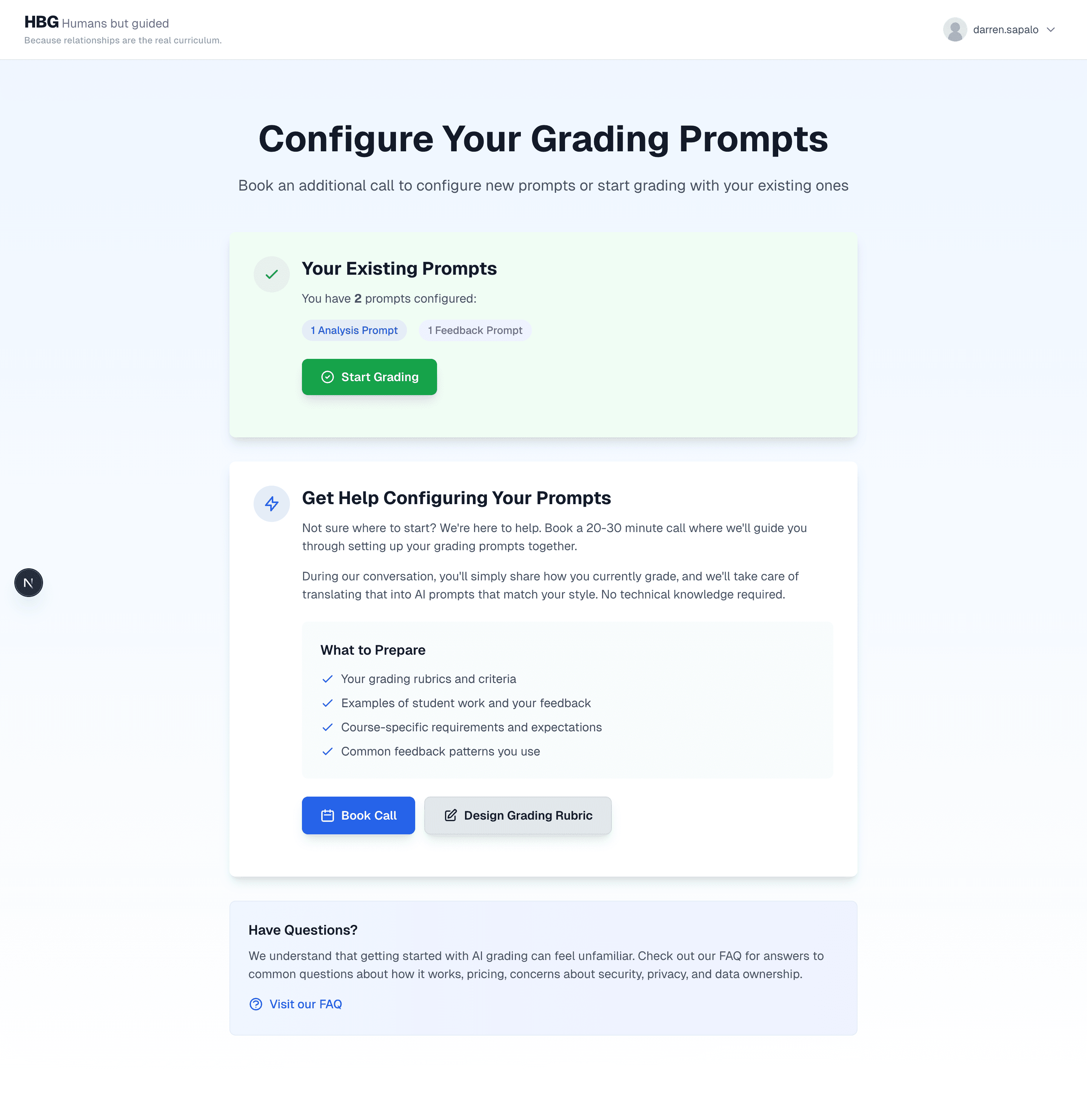 Prompt onboarding screen for grading setup.