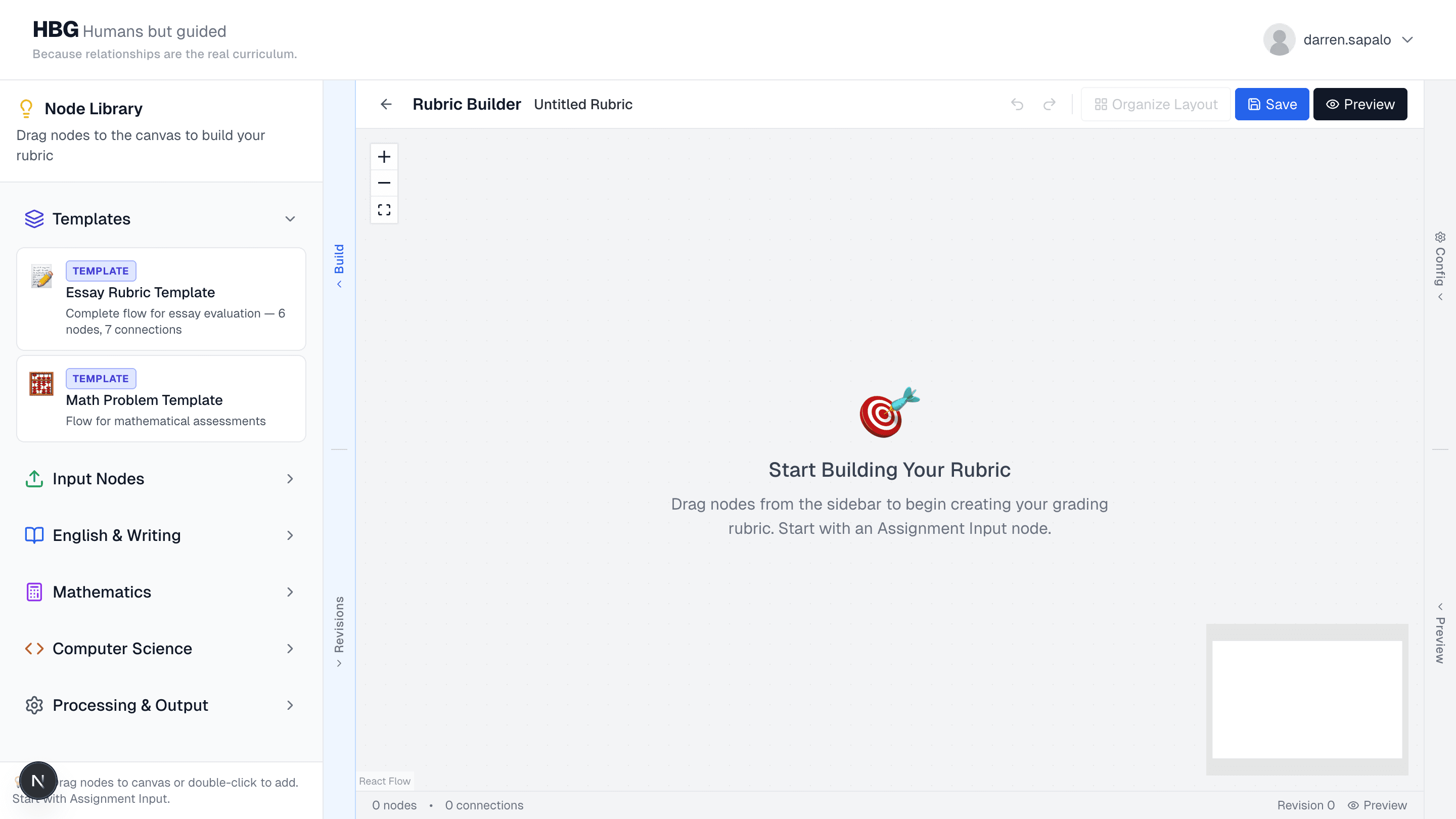 Rubric builder workspace before adding nodes.